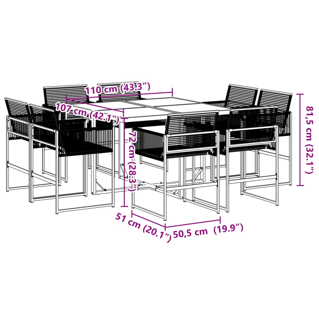 9 részes fekete polyrattan kerti étkezőgarnitúra
