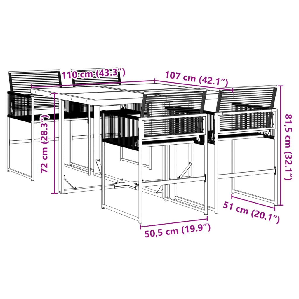 5 részes fekete polyrattan kerti étkezőgarnitúra