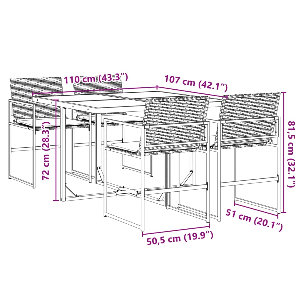 5 részes fekete polyrattan kerti étkezőgarnitúra párnákkal