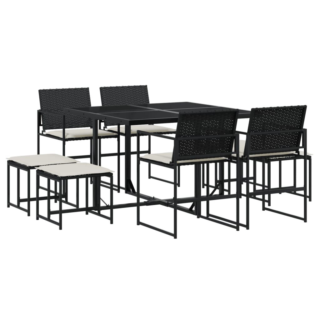 9 részes fekete polyrattan kerti étkezőgarnitúra párnákkal