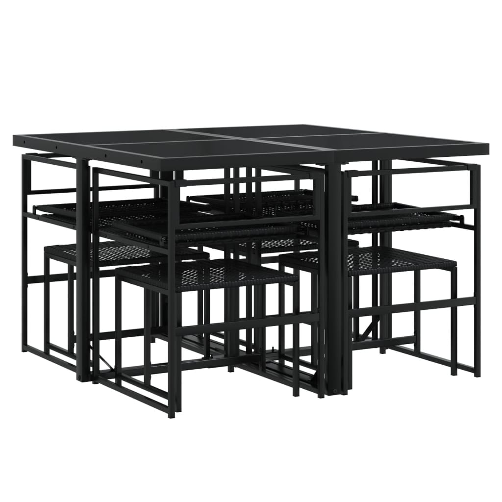 9 részes fekete polyrattan kerti étkezőgarnitúra párnákkal