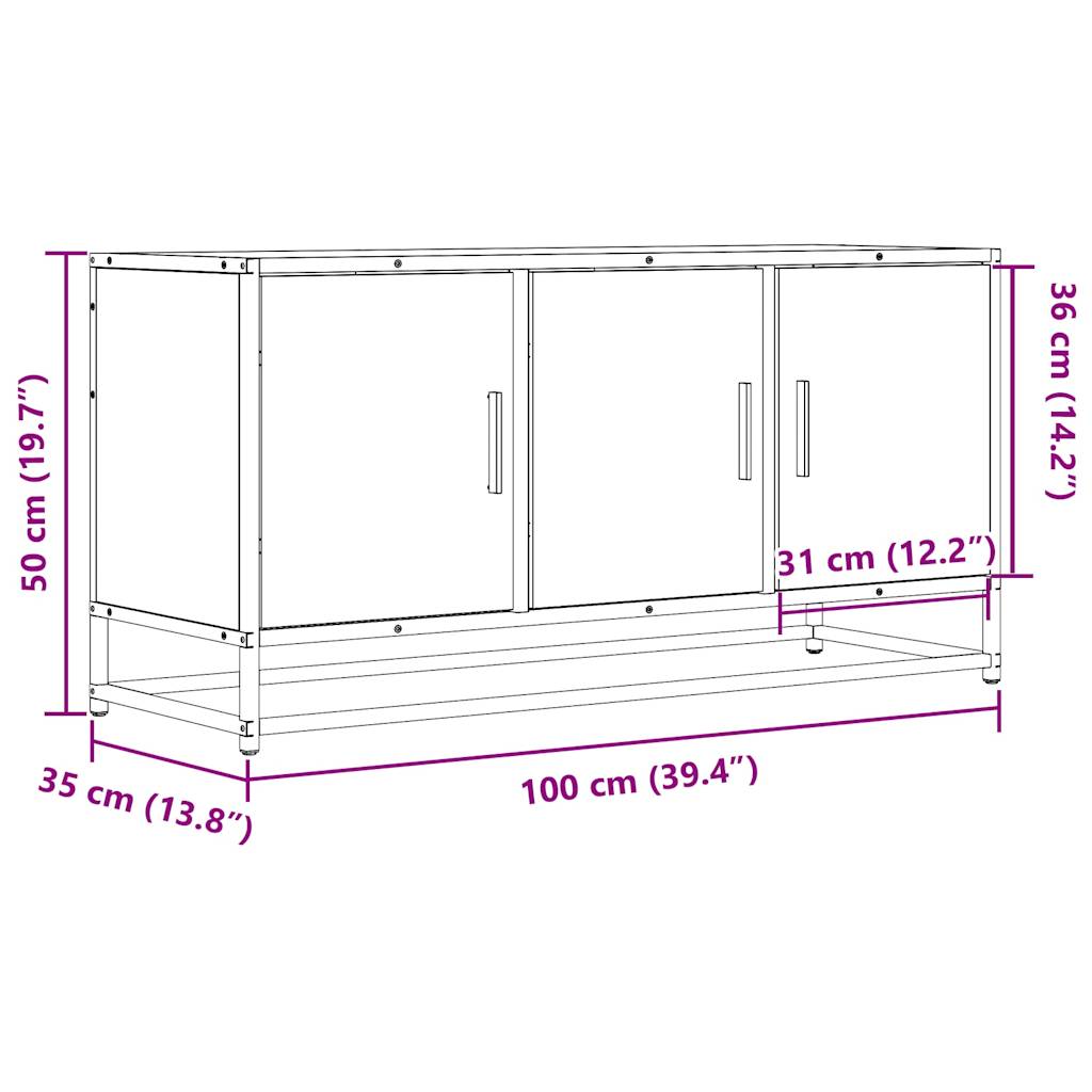 szürke sonoma színű szerelt fa és fém TV-szekrény 100x35x50 cm