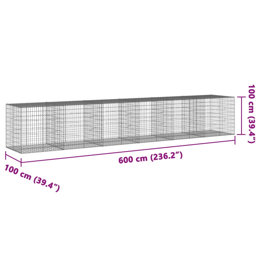 horganyzott vas gabion kosár fedéllel 600 x 100 x 100 cm