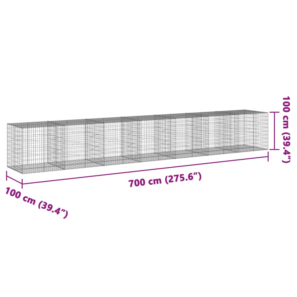 horganyzott vas gabion kosár fedéllel 700 x 100 x 100 cm