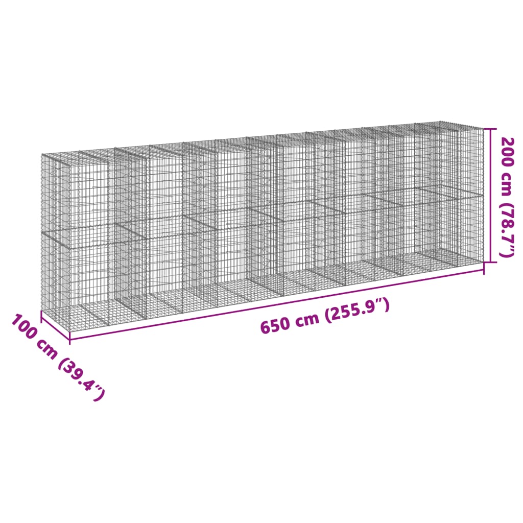 horganyzott vas gabion kosár fedéllel 650 x 100 x 200 cm
