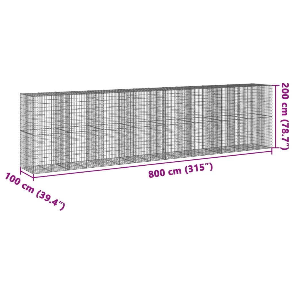 horganyzott vas gabion kosár fedéllel 800 x 100 x 200 cm