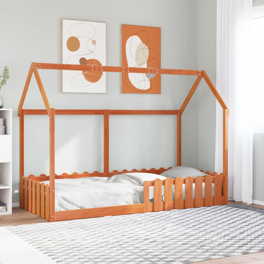 viaszbarna tömör fenyőfa házikó gyerekágykeret 90 x 200 cm