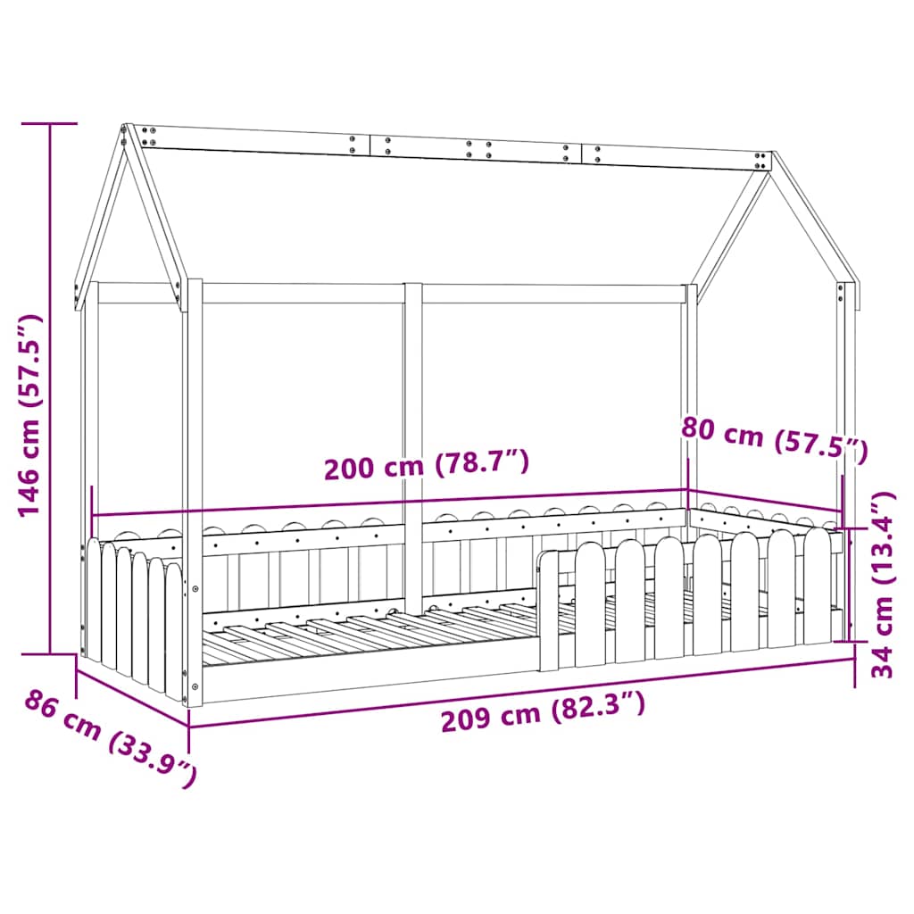 tömör fenyőfa házikó gyerekágykeret 80 x 200 cm