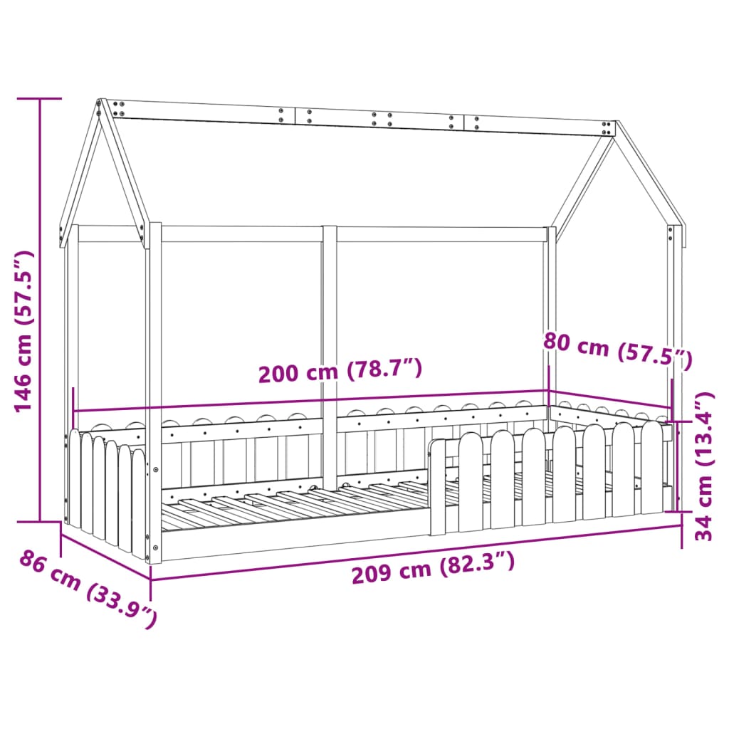 fehér tömör fenyőfa házikó gyerekágykeret 80 x 200 cm