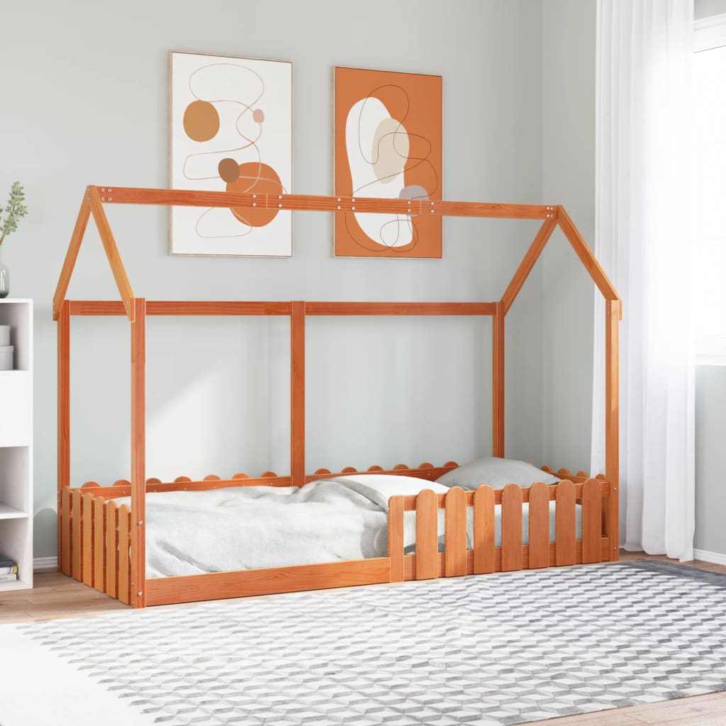 viaszbarna tömör fenyőfa házikó gyerekágykeret 80 x 200 cm