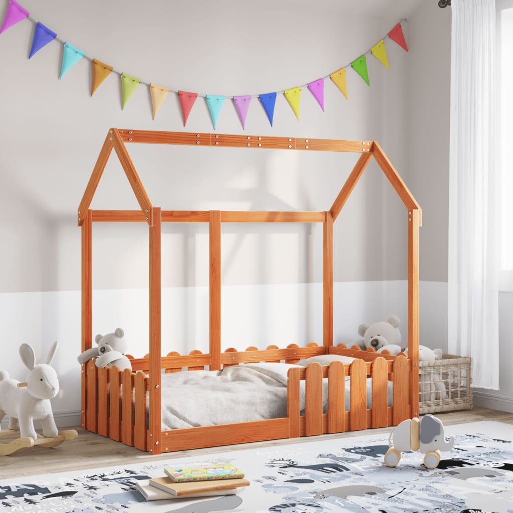 viaszbarna tömör fenyőfa házikó gyerekágykeret 70 x 140 cm