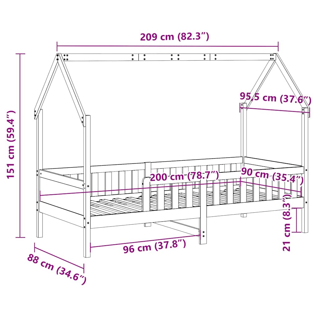 fehér tömör fenyőfa házikó gyerekágykeret 90 x 200 cm