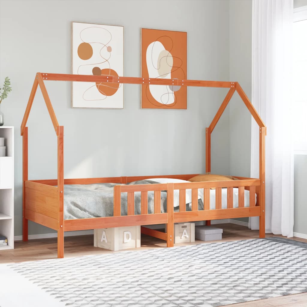 viaszbarna tömör fenyőfa házikó gyerekágykeret 90 x 200 cm