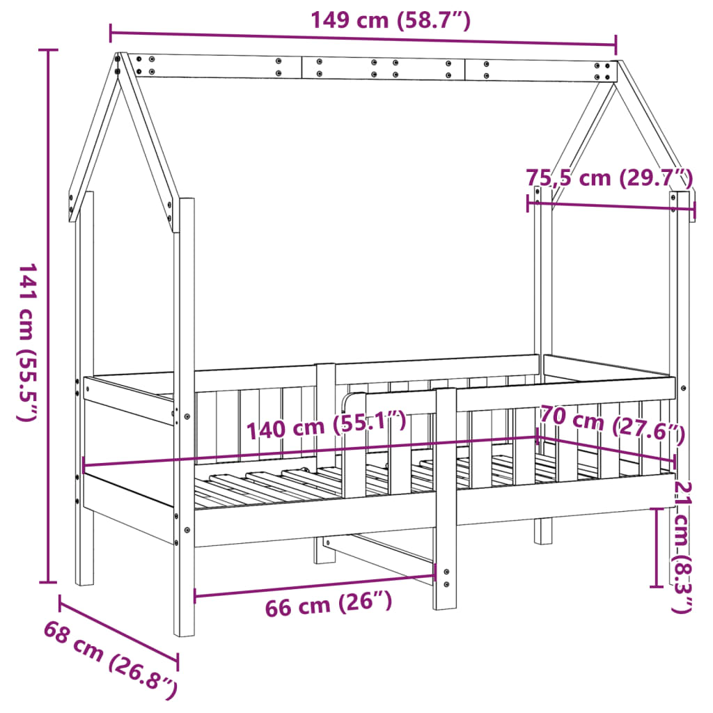 viaszbarna tömör fenyőfa házikó gyerekágykeret 70 x 140 cm