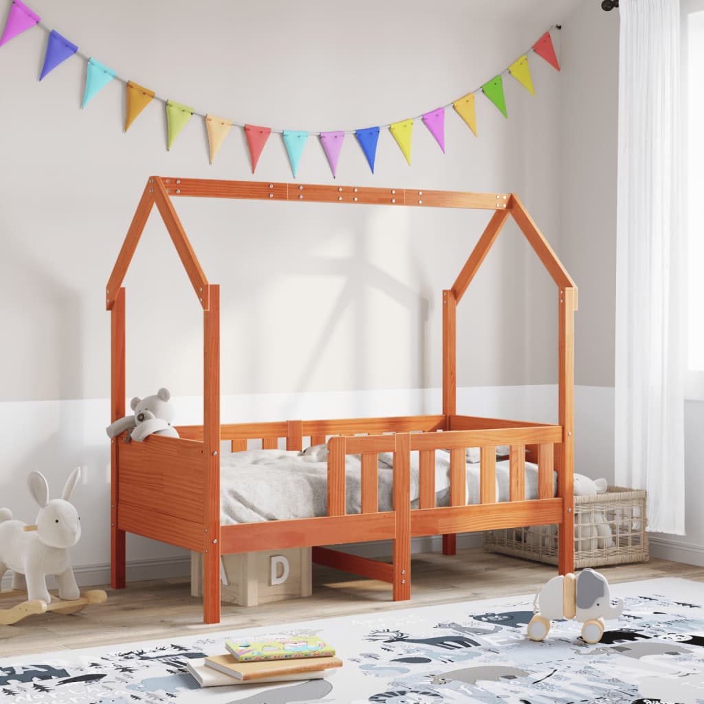 viaszbarna tömör fenyőfa házikó gyerekágykeret 70 x 140 cm