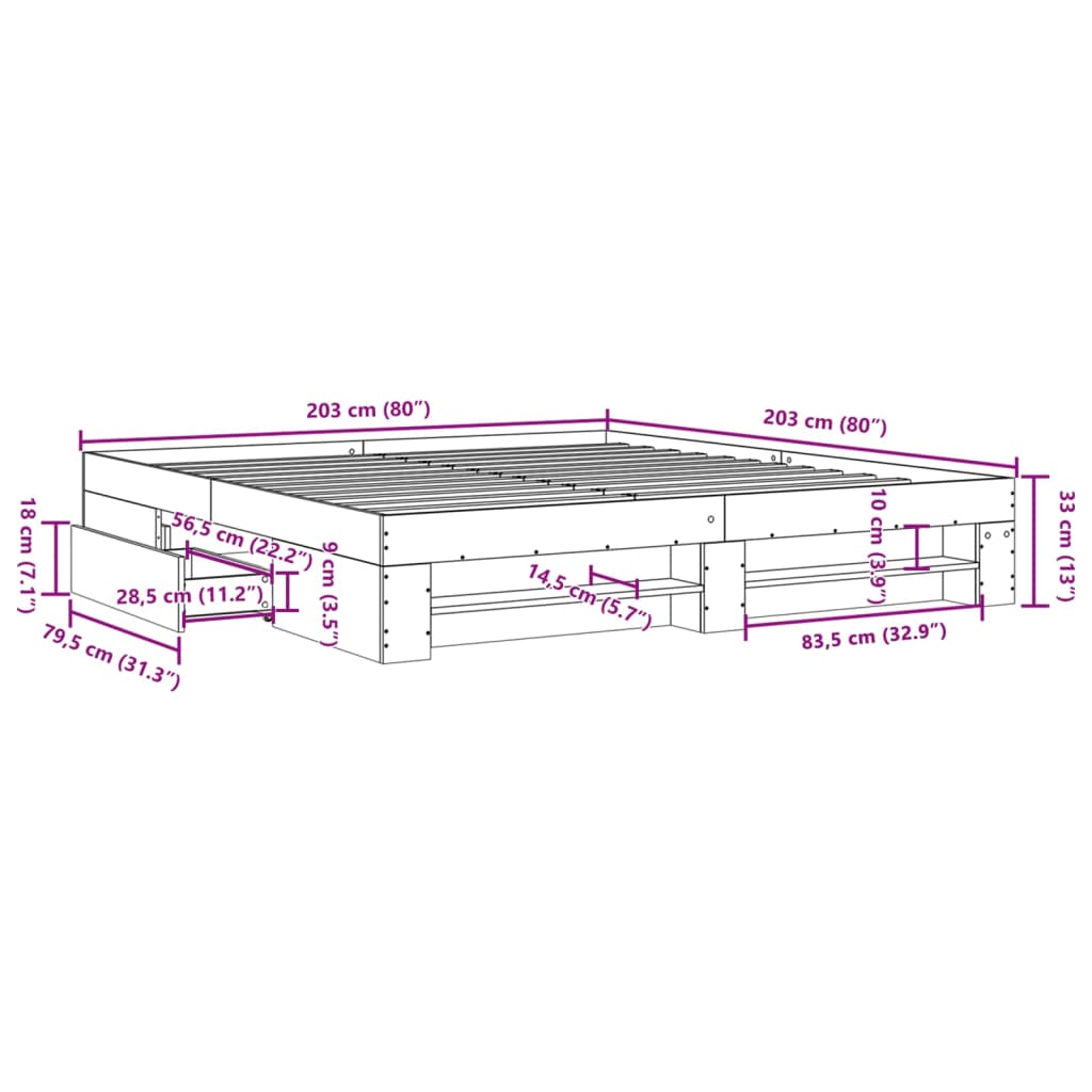 sonoma tölgyszínű szerelt fa ágykeret matrac nélkül 200x200 cm