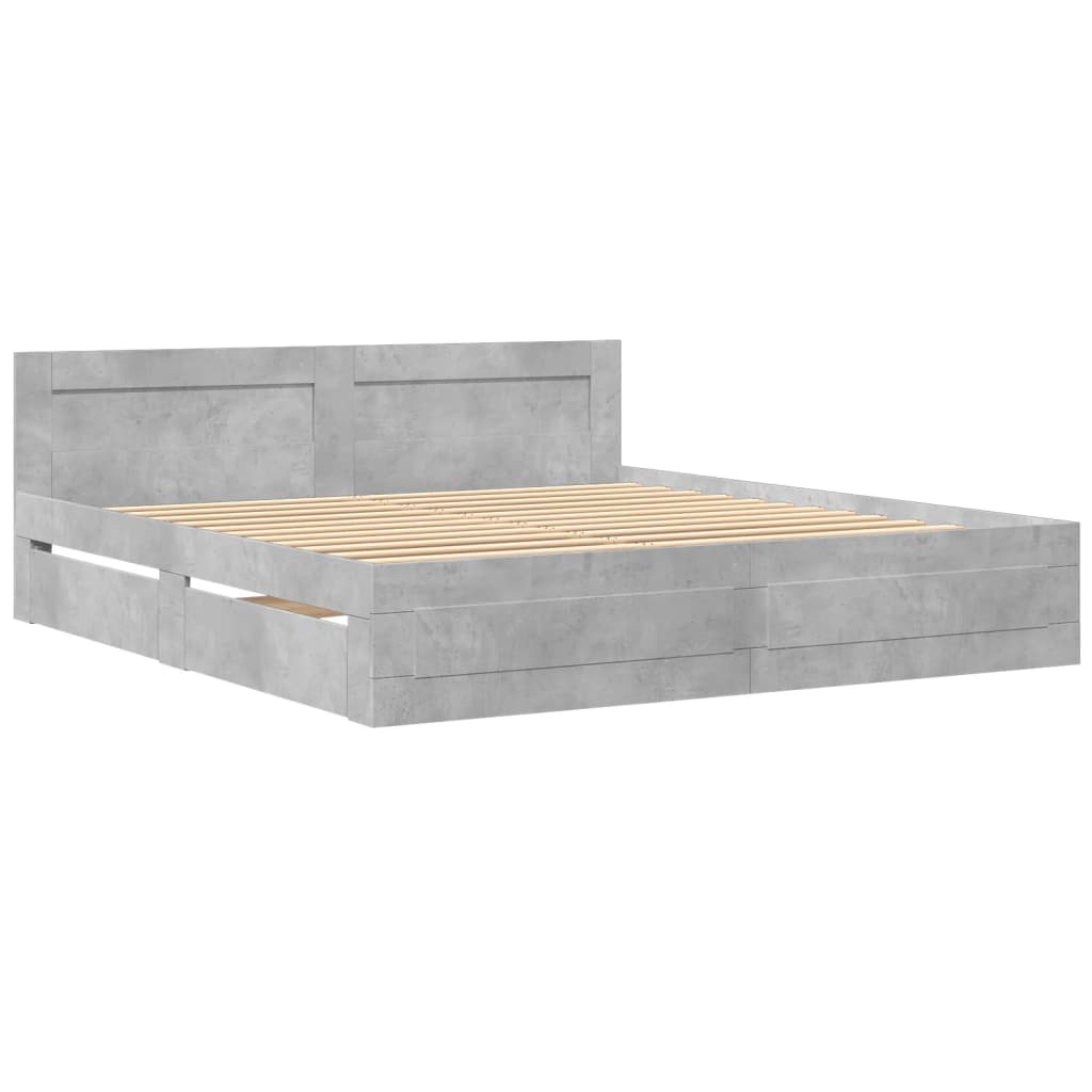 betonszürke szerelt fa ágykeret fejtámlával 200 x 200 cm
