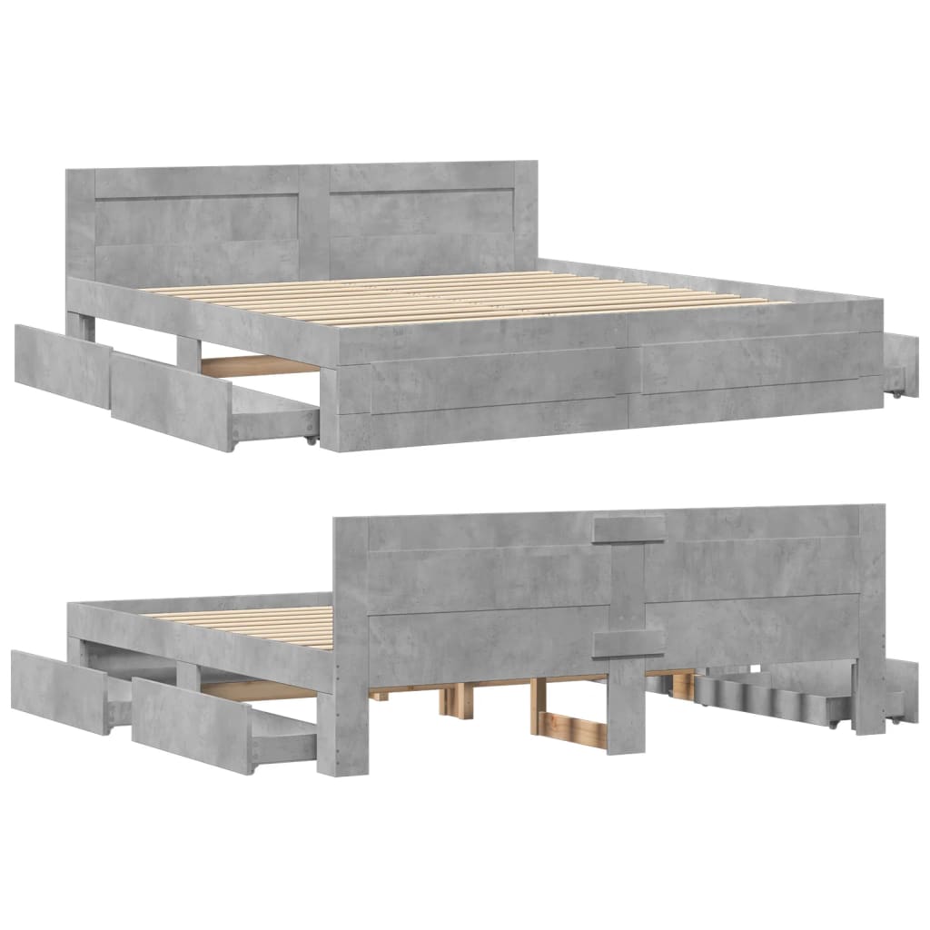 betonszürke szerelt fa ágykeret fejtámlával 200 x 200 cm