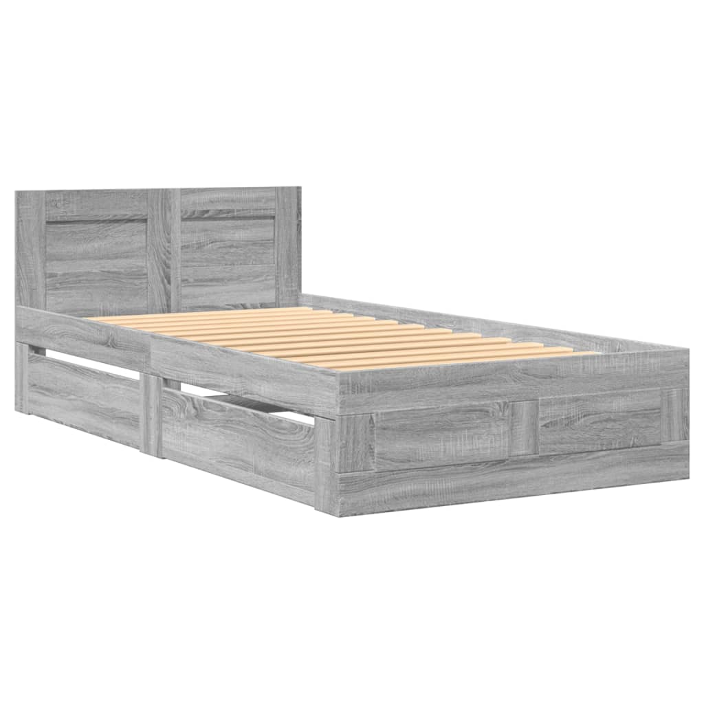 szürke sonoma színű szerelt fa ágykeret fejtámlával 90 x 200 cm