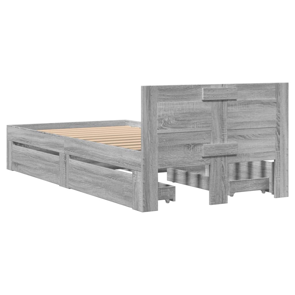 szürke sonoma színű szerelt fa ágykeret fejtámlával 90 x 200 cm