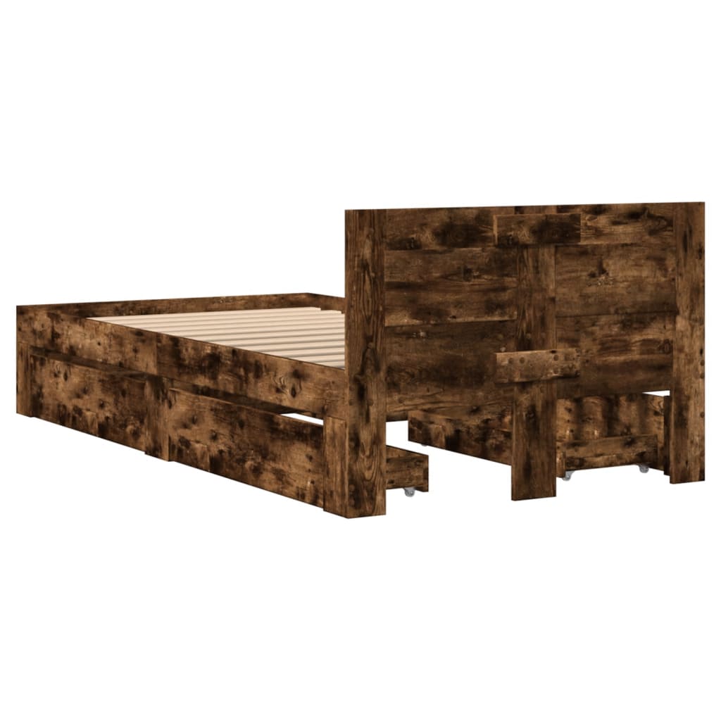füstös tölgy színű szövet ágykeret fejtámlával 75x190 cm