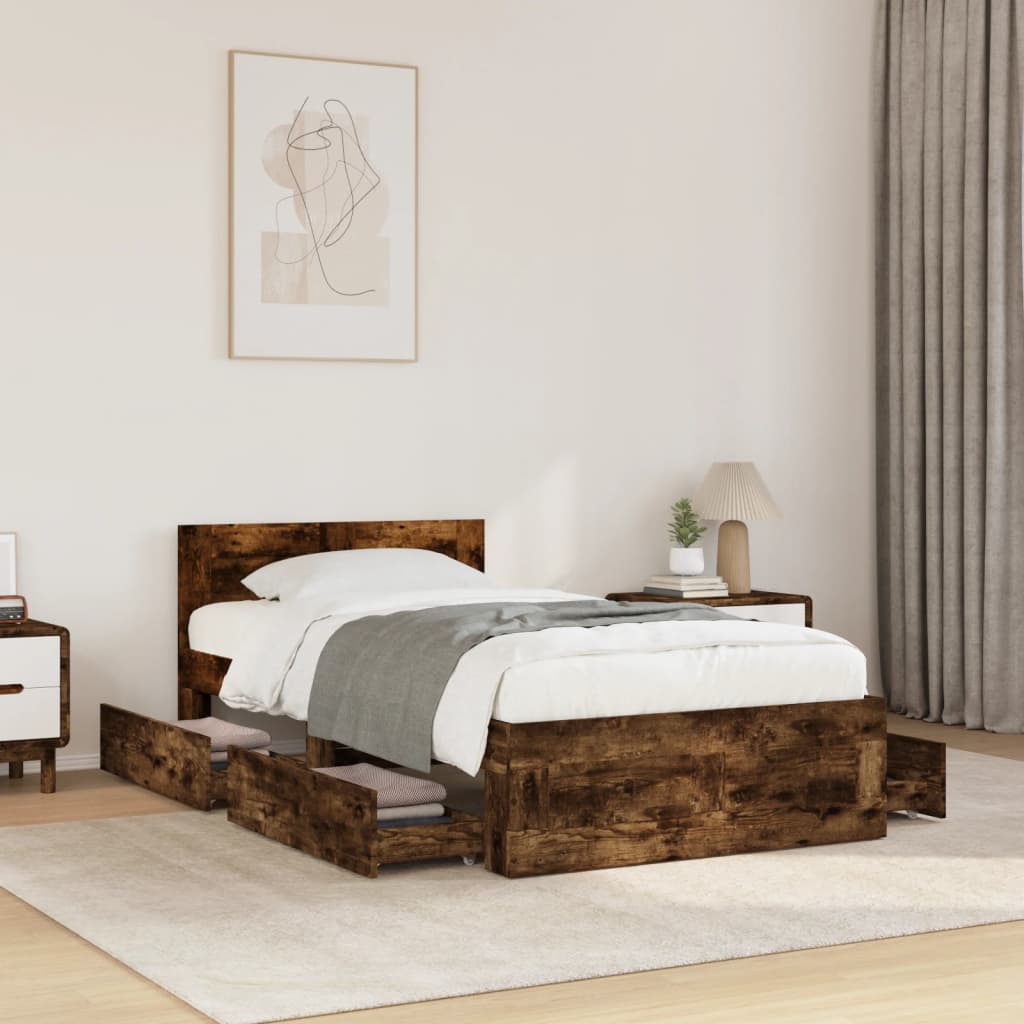 füstös tölgy színű szövet ágykeret fejtámlával 75x190 cm