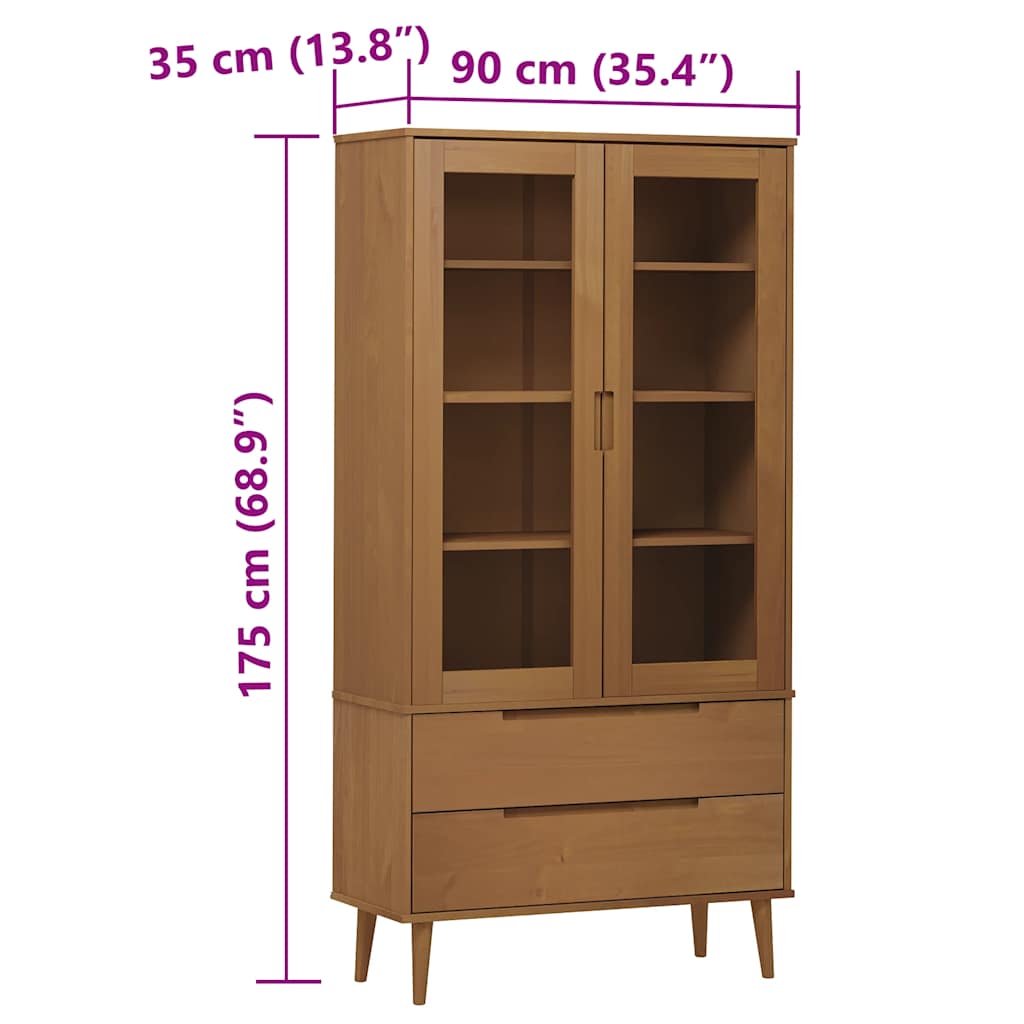 MOLDE barna tömör fenyőfa vitrin szekrény 90 x 35 x 175 cm