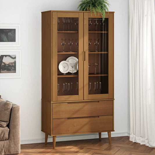 MOLDE barna tömör fenyőfa vitrin szekrény 90 x 35 x 175 cm