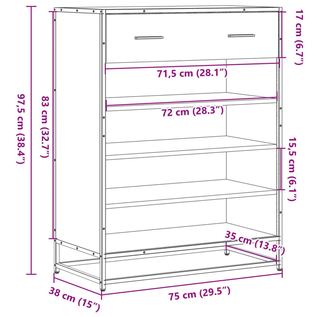 barna tölgy színű szerelt fa és fém cipőszekrény 75x38x97,5 cm
