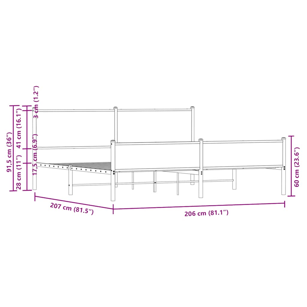 füstös tölgy színű fém ágykeret matrac nélkül 200 x 200 cm