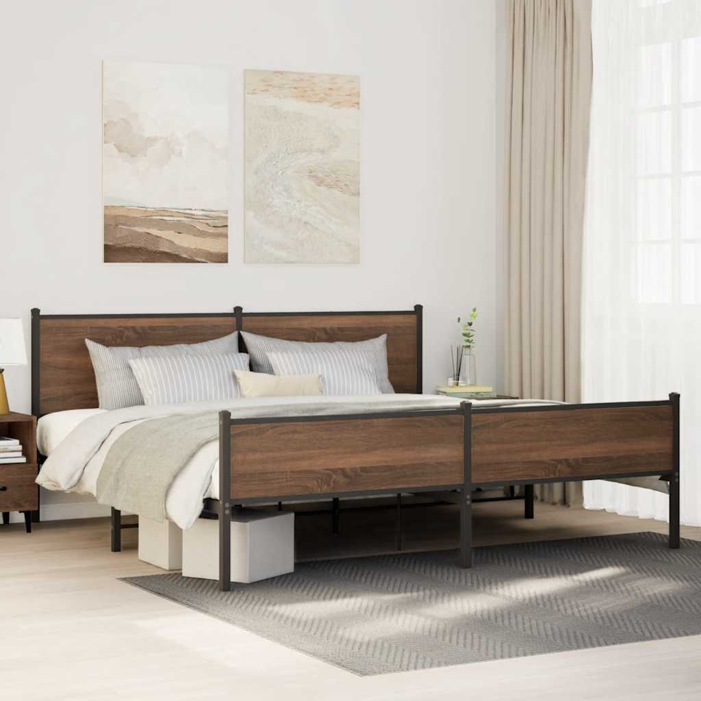 barna tölgy színű fém ágykeret matrac nélkül 200 x 200 cm
