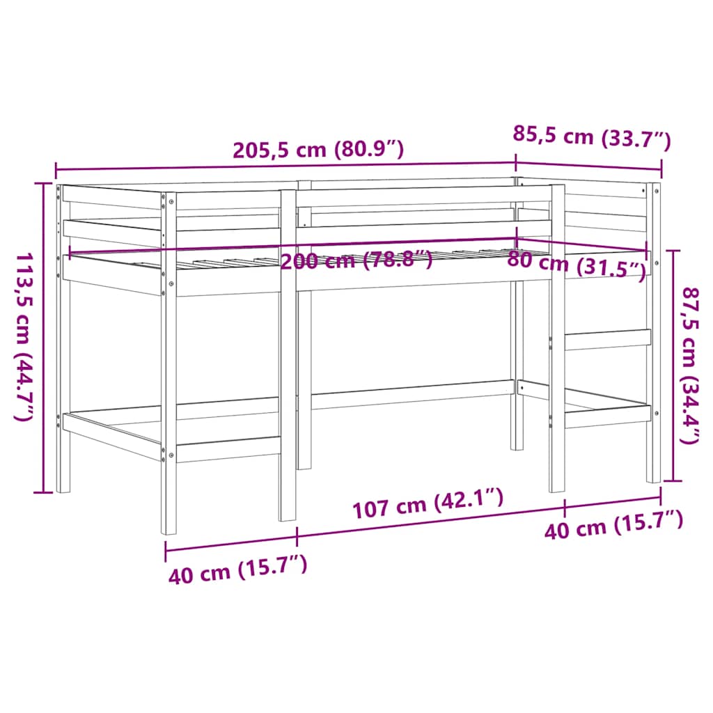 viaszbarna tömör fenyőfa gyerek galériaágy létrával 80 x 200 cm