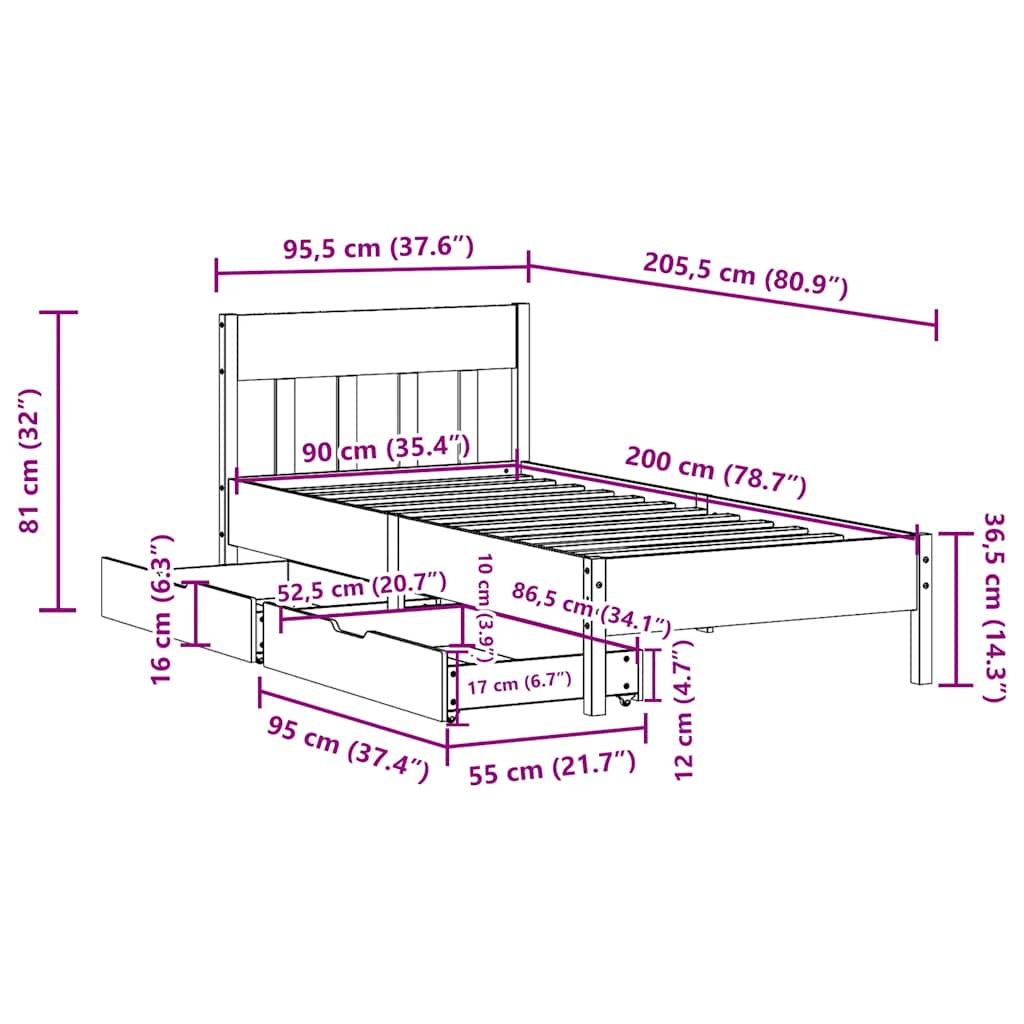 fehér tömör fenyőfa ágy matrac nélkül 90 x 200 cm
