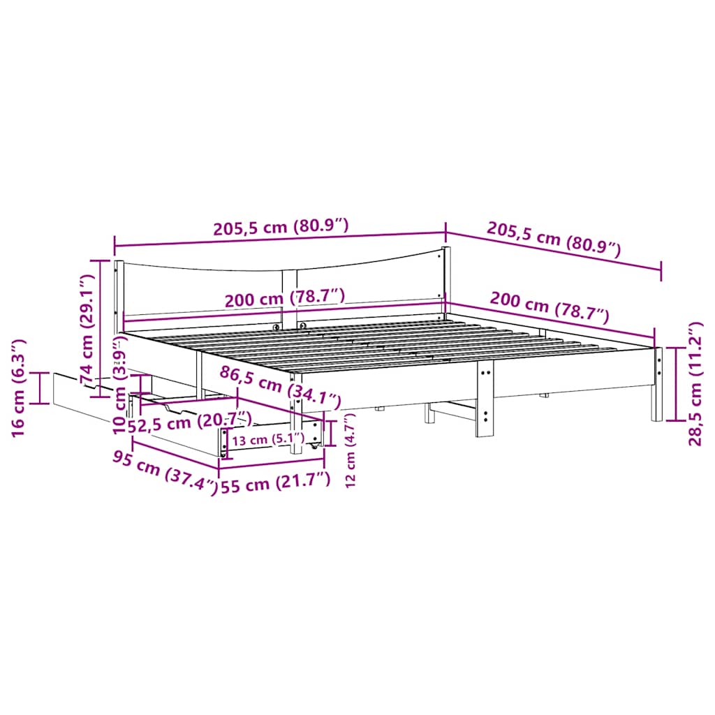 tömör fenyőfa ágykeret fiókokkal 200 x 200 cm