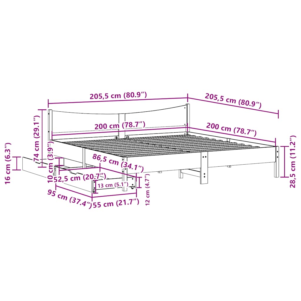 fehér tömör fenyőfa ágykeret fiókokkal 200 x 200 cm