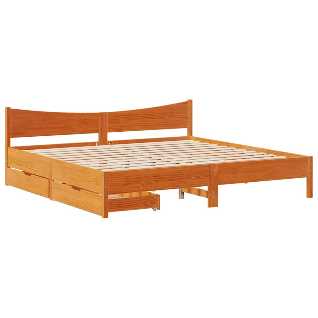 viaszbarna tömör fenyőfa ágykeret fiókokkal 200 x 200 cm