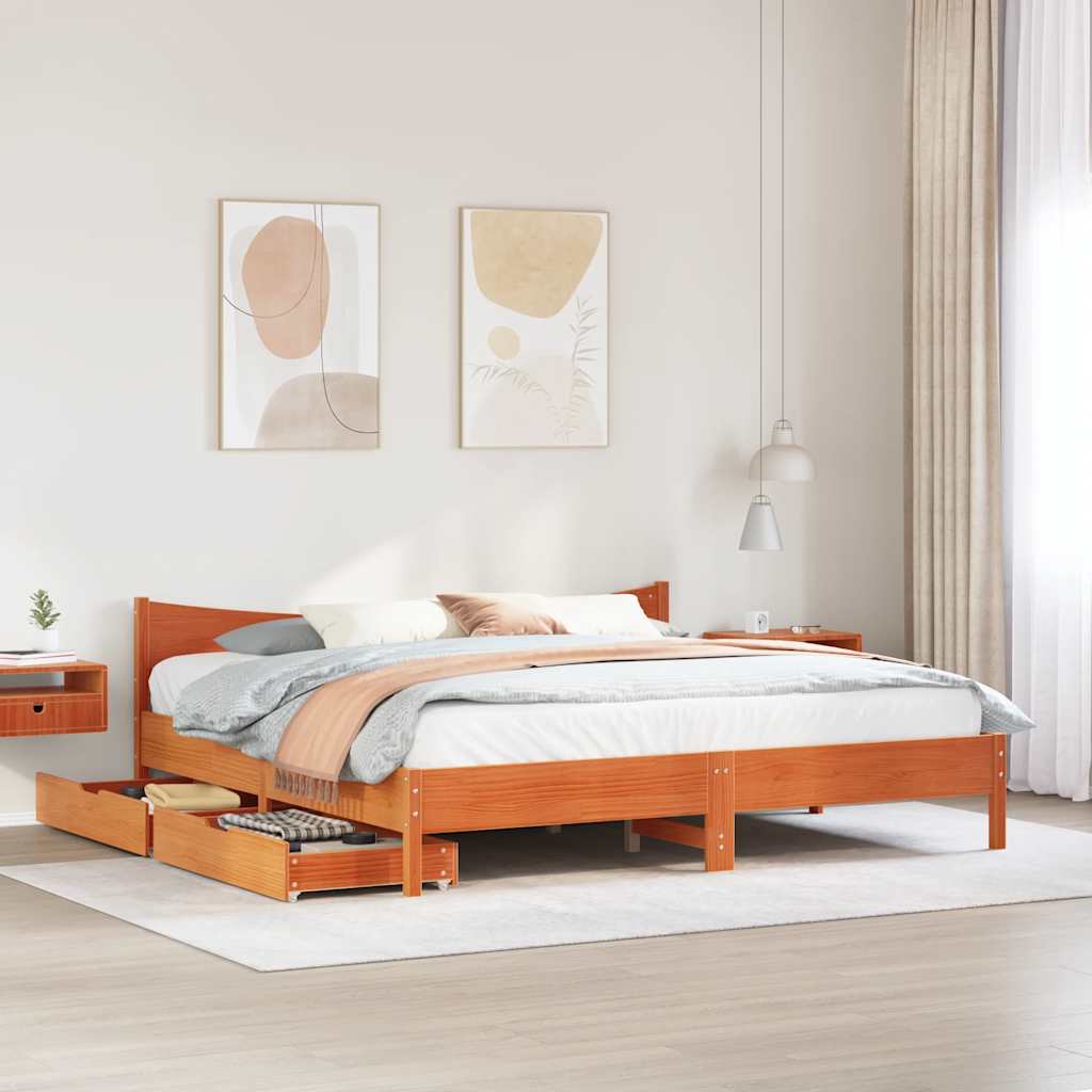 viaszbarna tömör fenyőfa ágykeret fiókokkal 200 x 200 cm