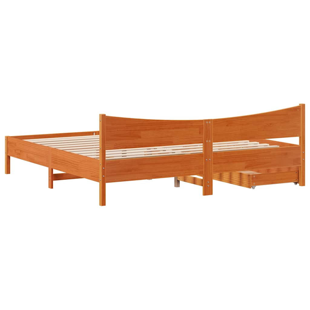 viaszbarna tömör fenyőfa ágykeret fiókokkal 200 x 200 cm