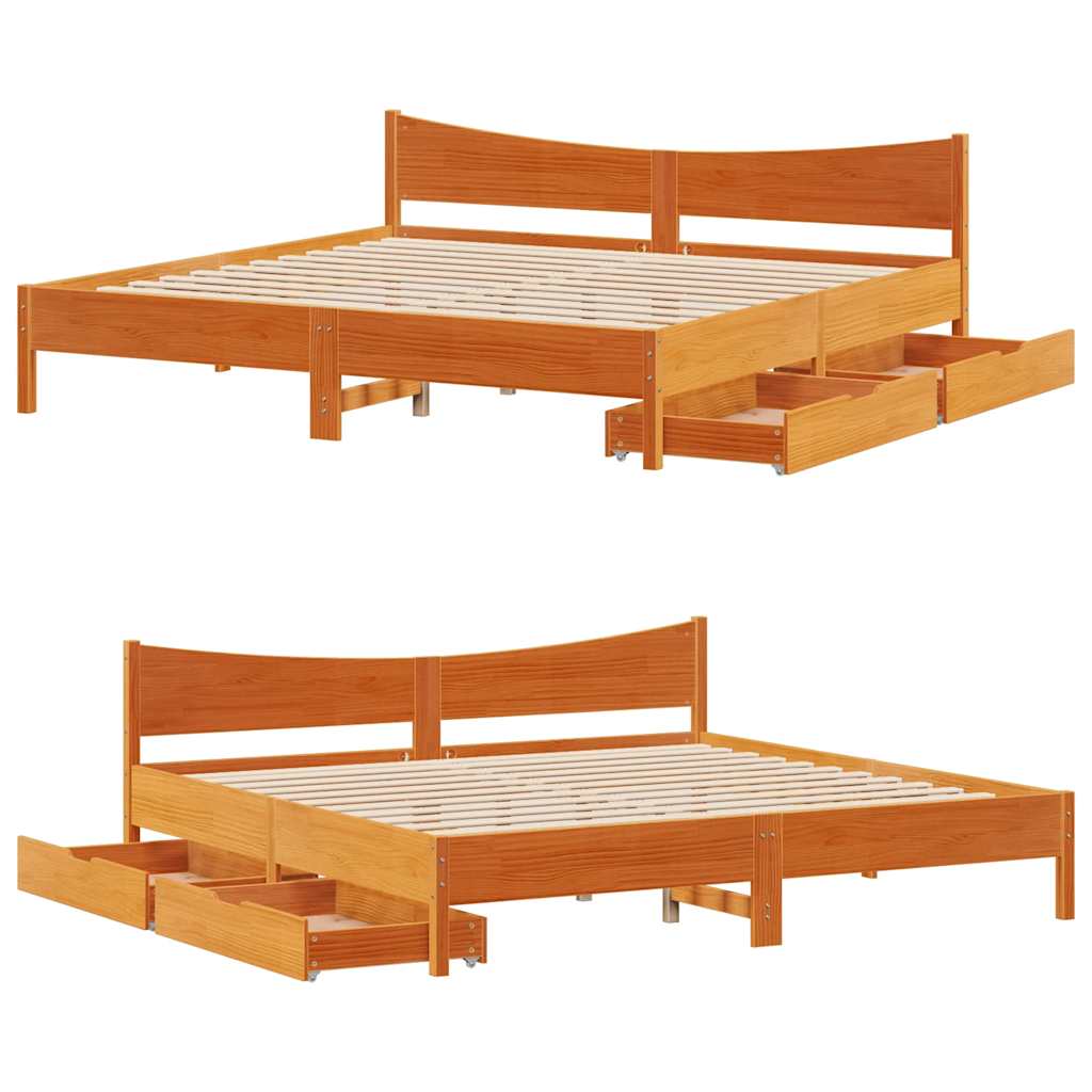 viaszbarna tömör fenyőfa ágykeret fiókokkal 200 x 200 cm