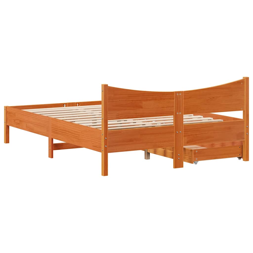 viaszbarna tömör fenyőfa ágykeret fiókokkal 120 x 200 cm