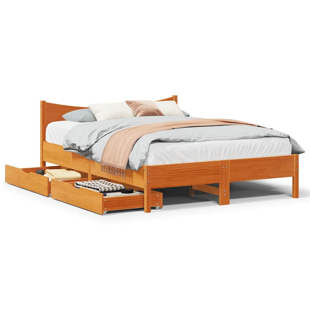viaszbarna tömör fenyőfa ágykeret fiókokkal 120 x 200 cm