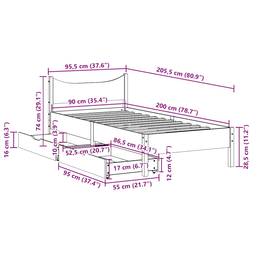 viaszbarna tömör fenyőfa ágykeret fiókokkal 90 x 200 cm