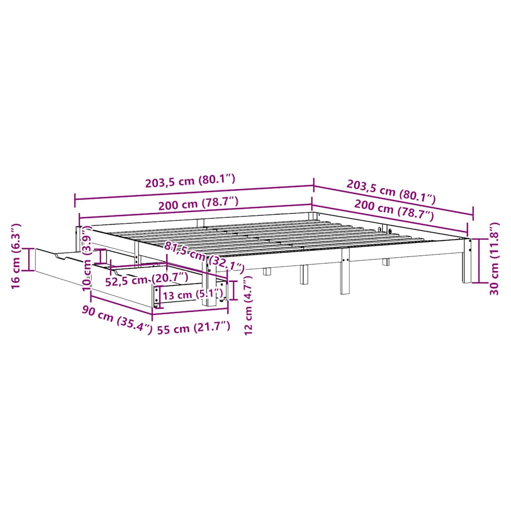tömör fenyőfa ágykeret fiókokkal 200 x 200 cm