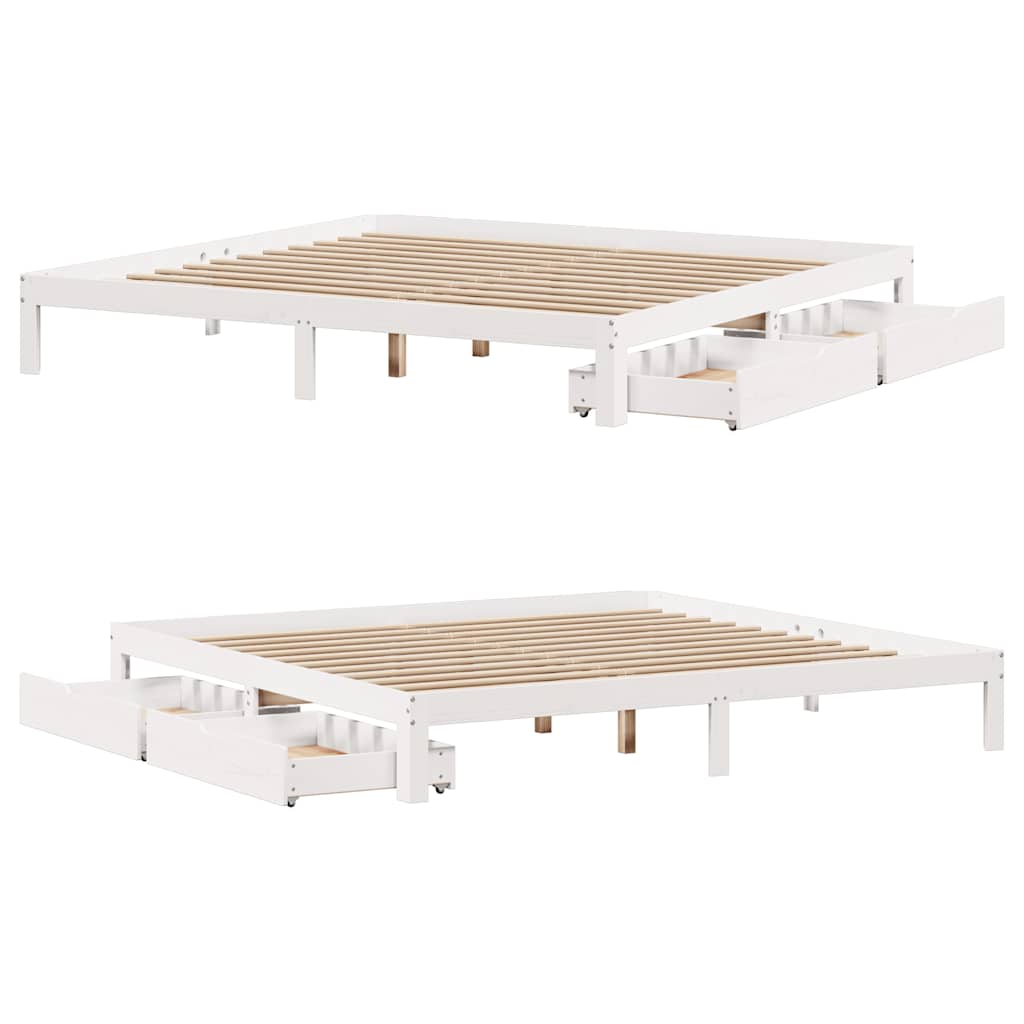 fehér tömör fenyőfa ágykeret fiókokkal 200 x 200 cm