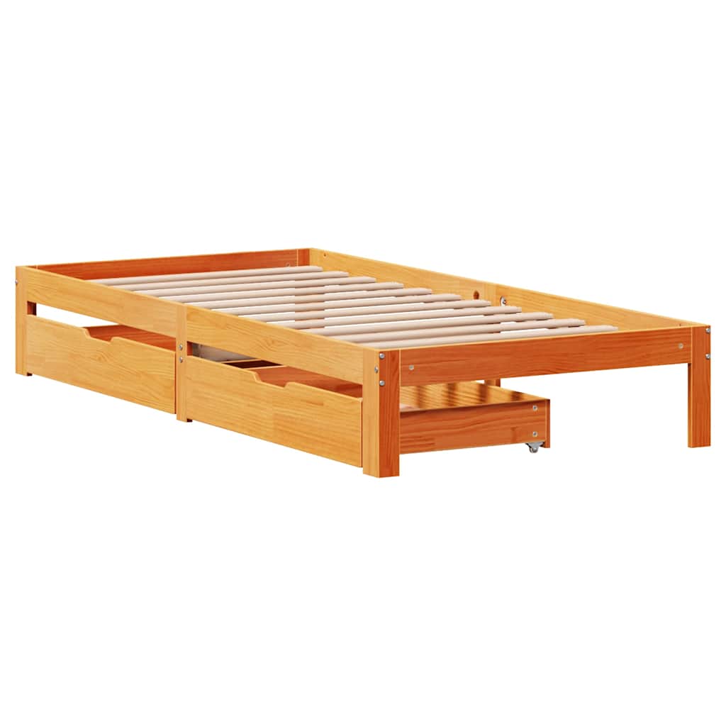 viaszbarna tömör fenyőfa ágykeret fiókokkal 75 x 190 cm
