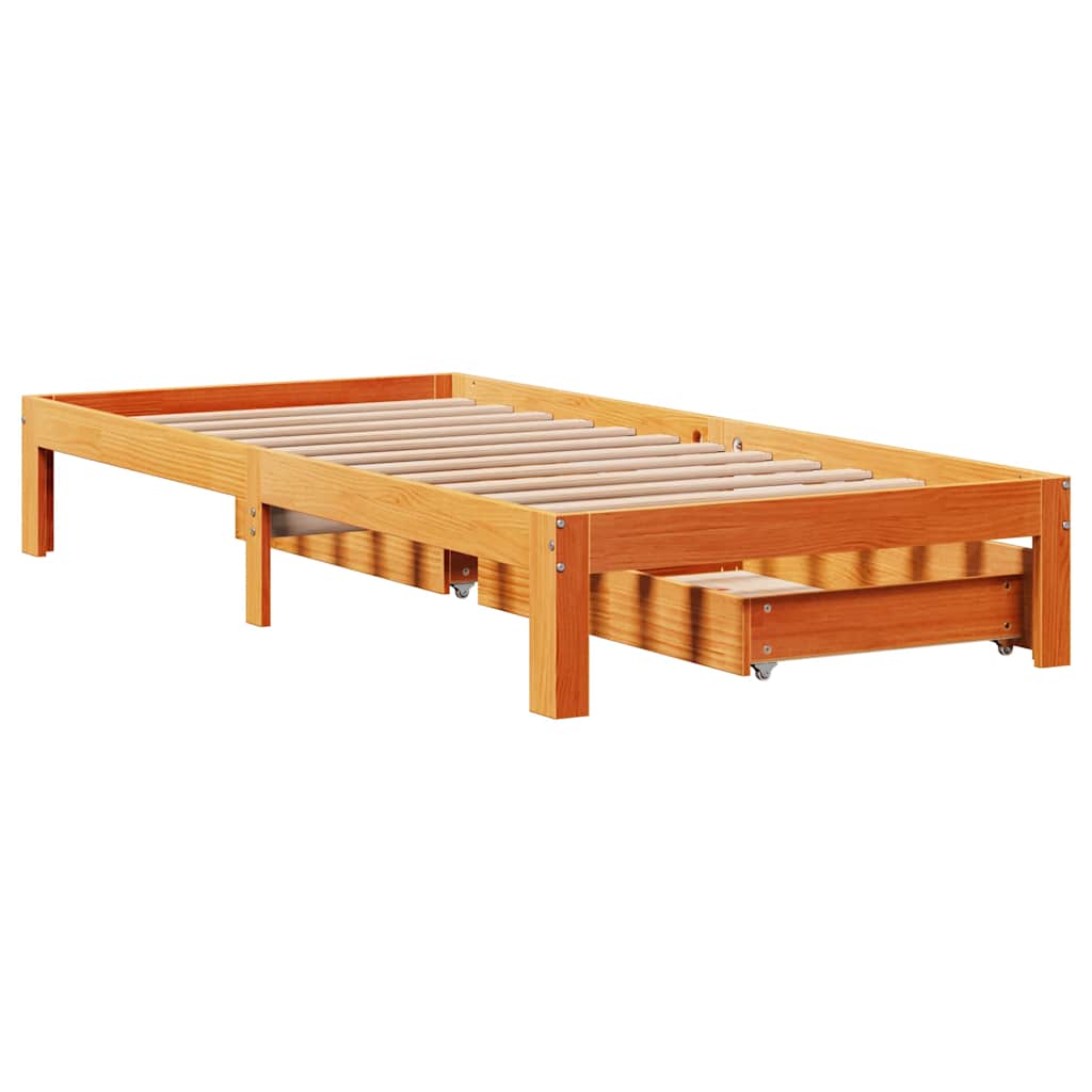 viaszbarna tömör fenyőfa ágykeret fiókokkal 100 x 200 cm