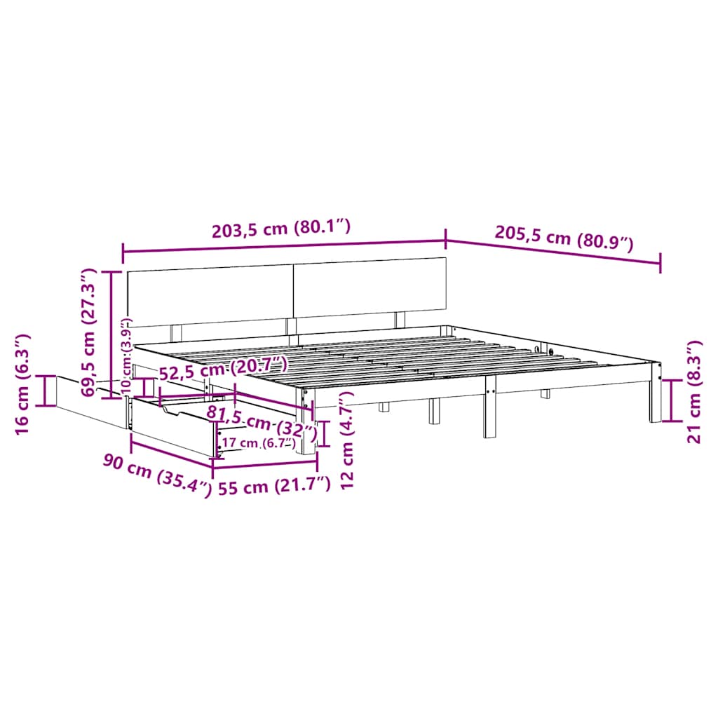 tömör fenyőfa ágykeret fiókokkal 200 x 200 cm