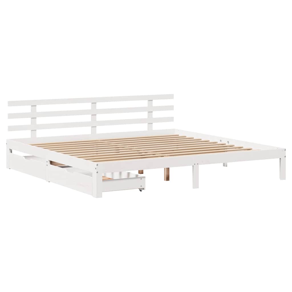 fehér tömör fenyőfa ágykeret fiókokkal 200 x 200 cm
