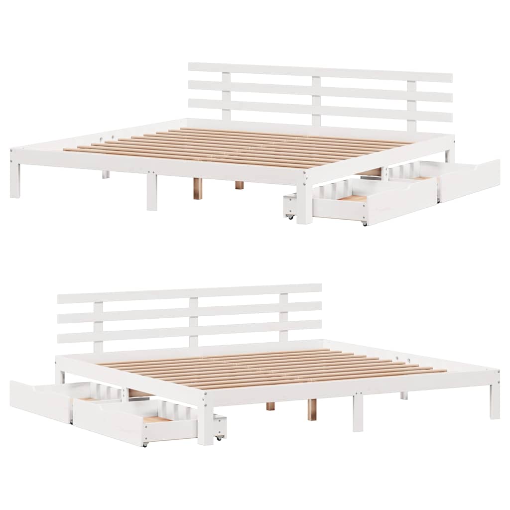fehér tömör fenyőfa ágykeret fiókokkal 200 x 200 cm