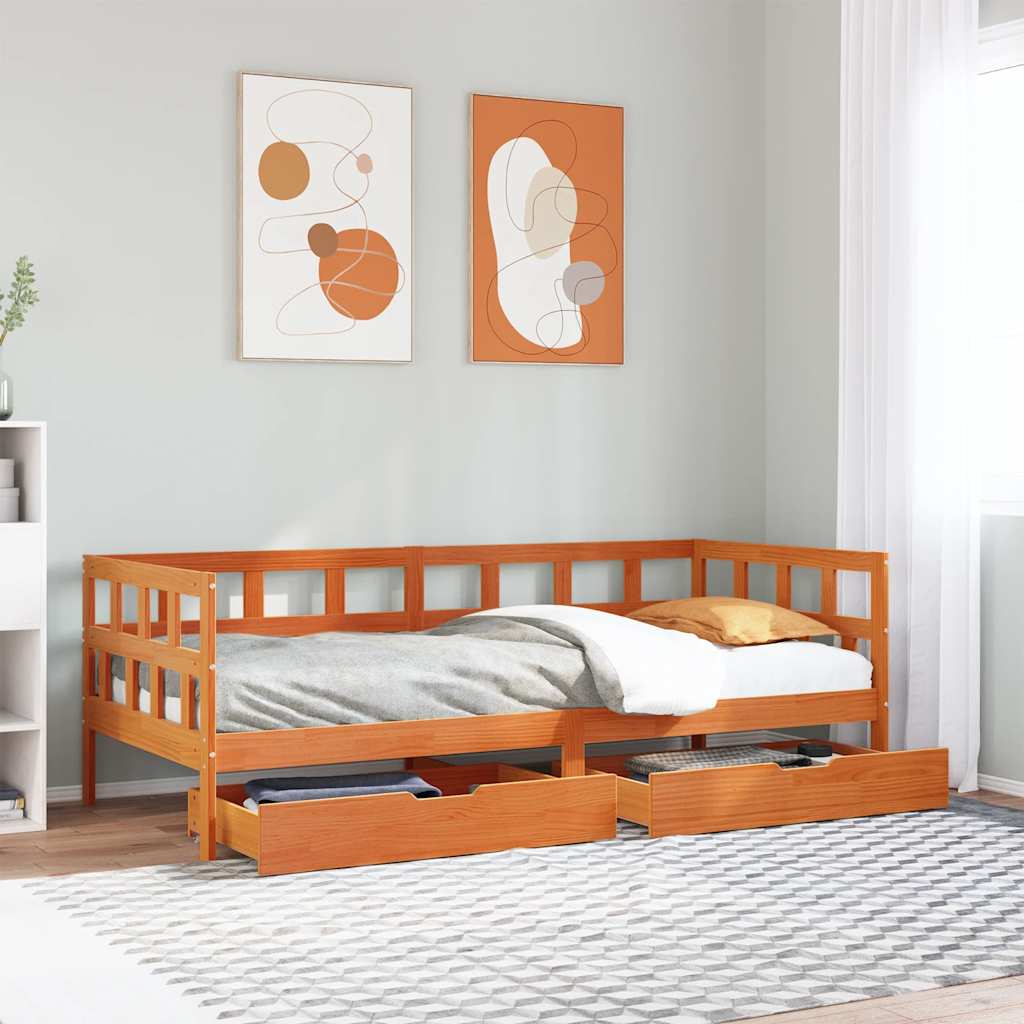 viaszbarna tömör fa kanapéágy fiókkal matrac nélkül 90 x 200 cm